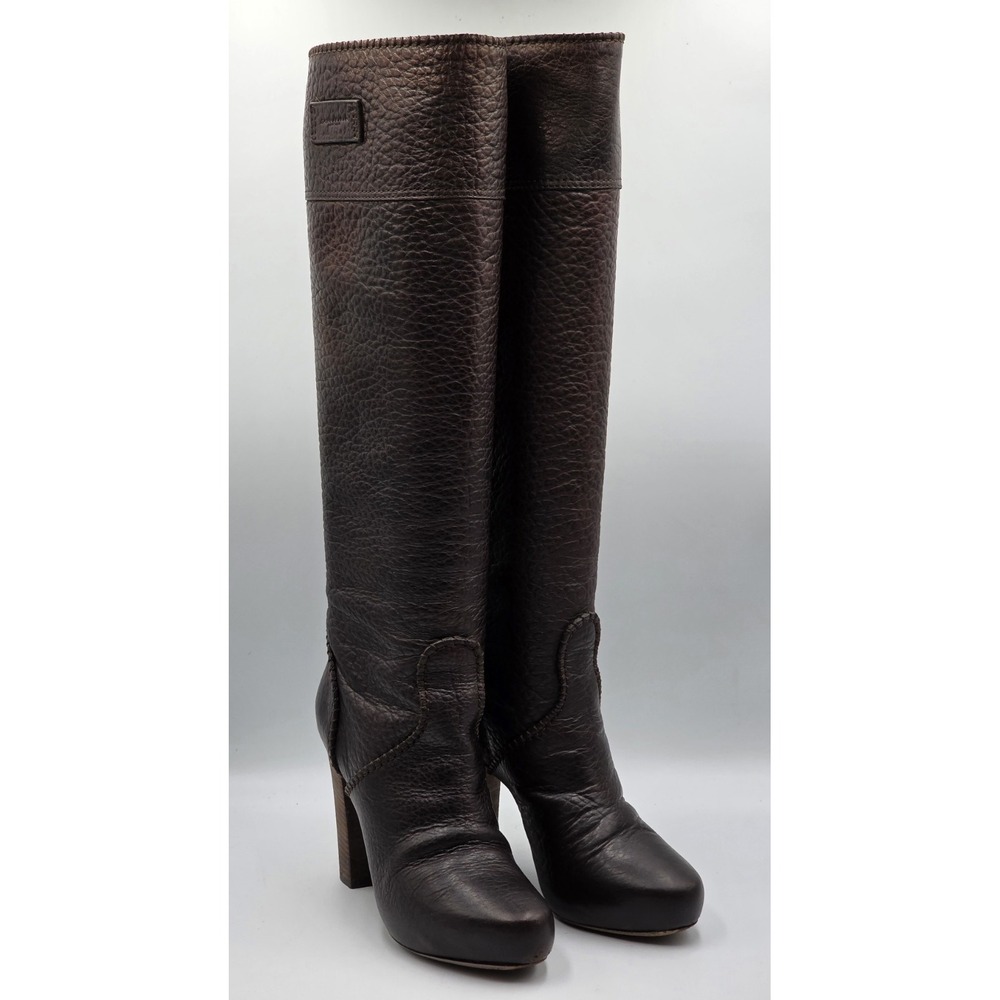Donna Karan Brown Pebbled Leather Knee High High Block Heel Boots Size 7.5 38